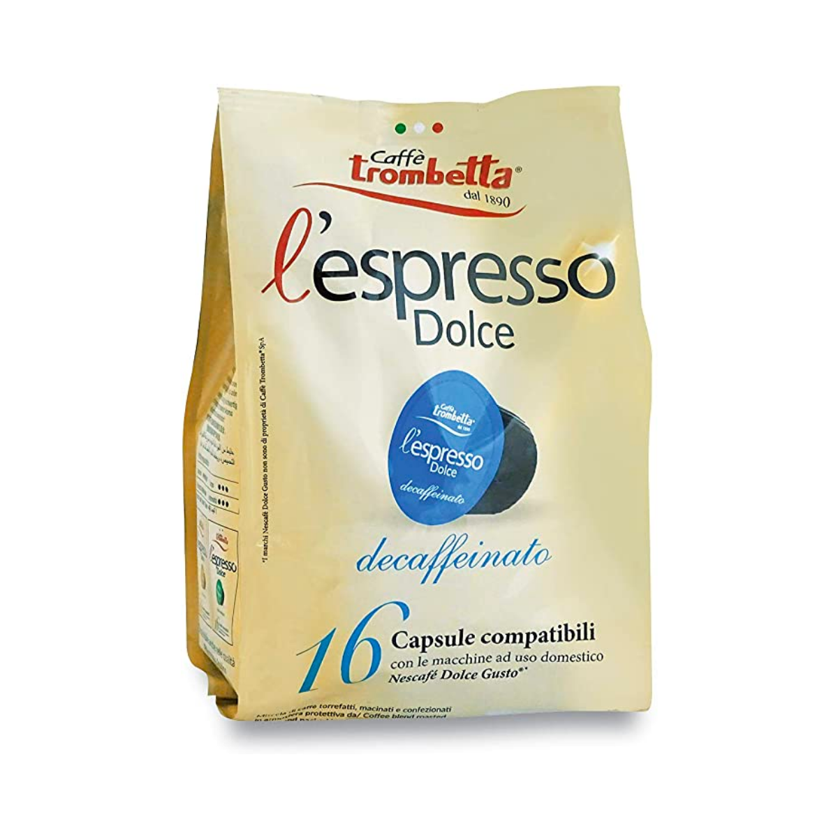 Caffè Trombetta L'Espresso Dolce Decaffeinato 8 Confezioni da 16 Capsule  Compatibili Nescafè Dolce Gusto - Caffè Trombetta